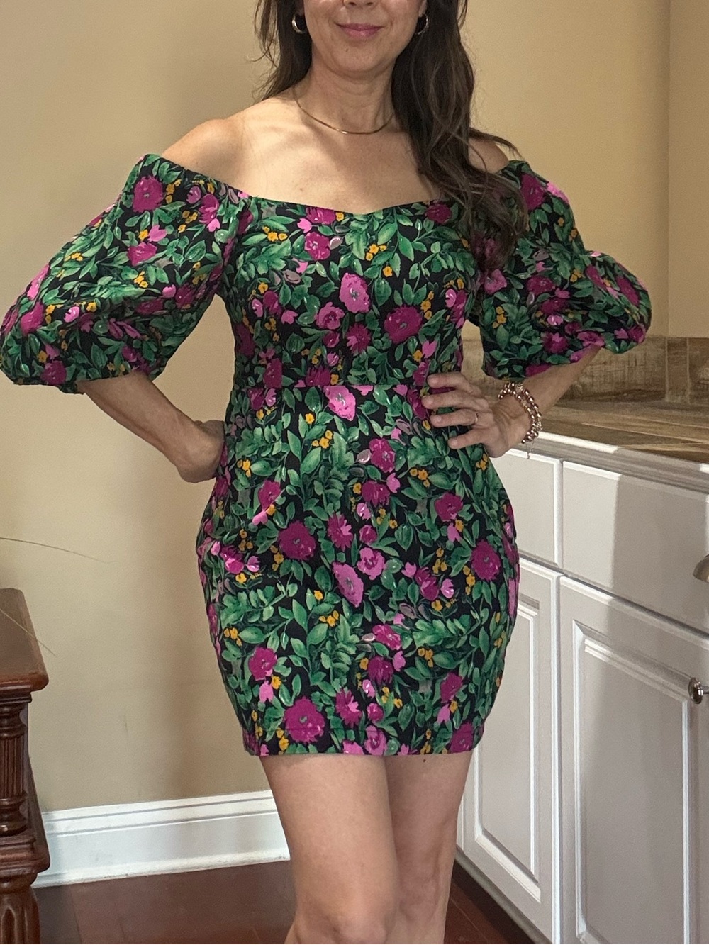 Milk & Honey Off-Shoulder Floral Mini Dress Puff Sleeve, smocked back Size S